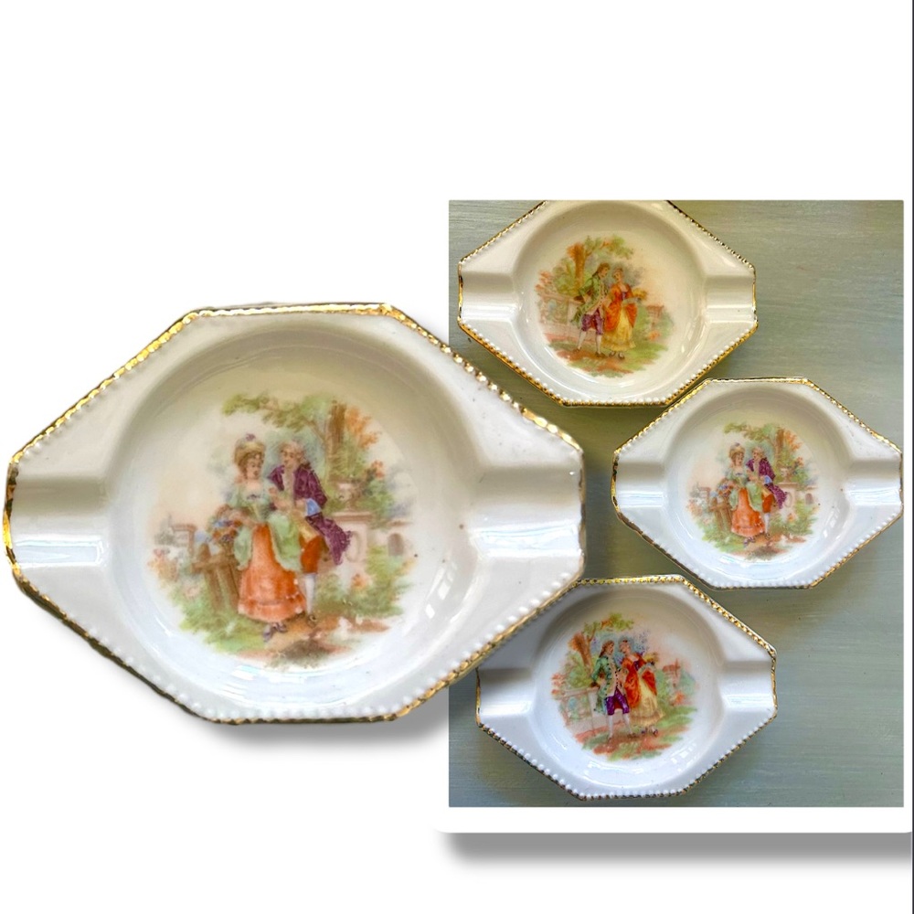 Erphila Bavaria Germany Octagonal Porcelain Gold Trim Ashtray Courting Couple